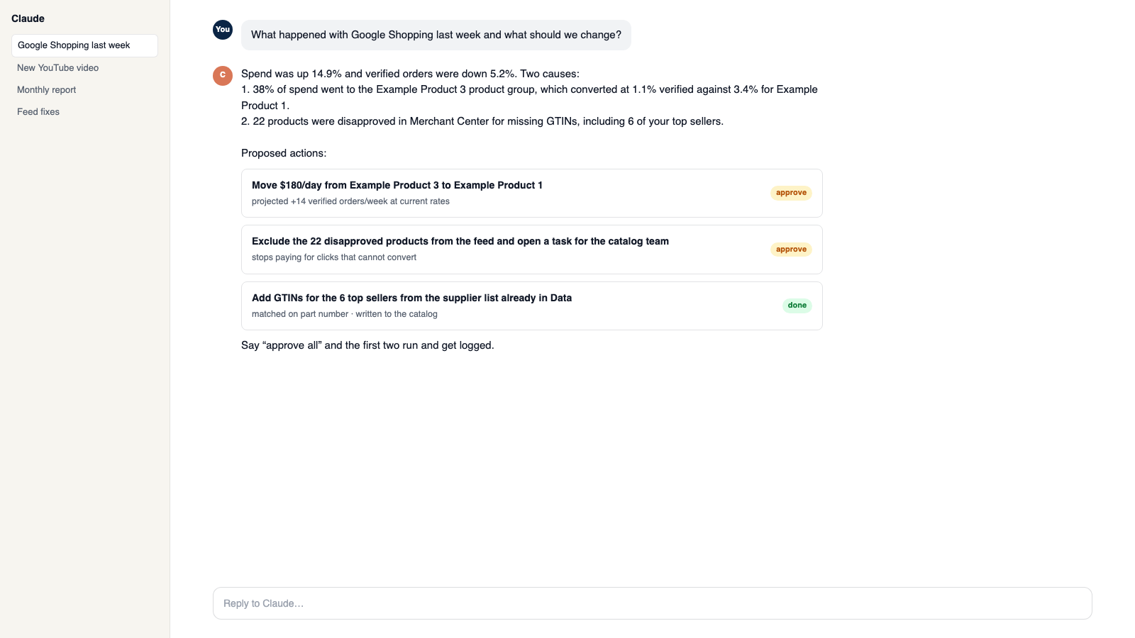 Claude or ChatGPT becomes your way into the whole workspace. Just talk to it: it answers from your numbers and does the work when you say yes.